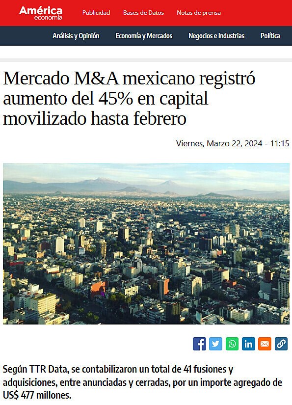 Mercado M&A mexicano registr aumento del 45% en capital movilizado hasta febrero